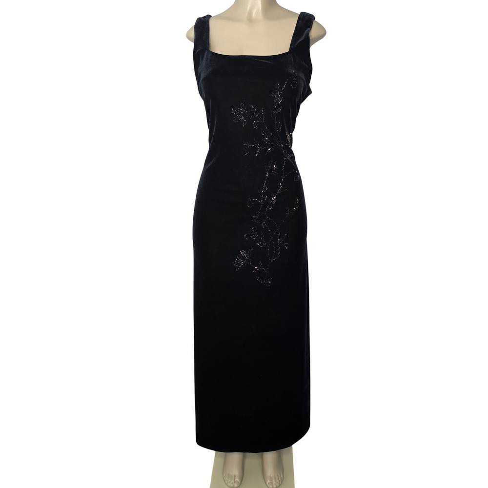 Jeffrey & Dara Gown Women 18 Black Velvet Beaded Floral Column Maxi Dress Formal